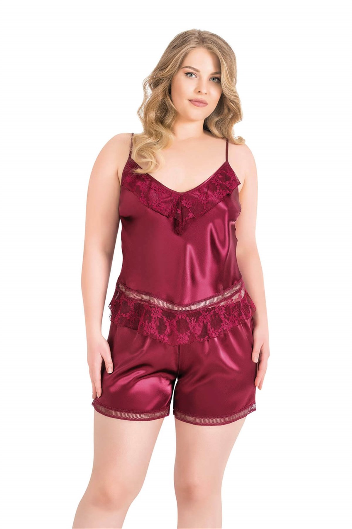 Aria’s%20Closet%20Büyük%20Beden%20Bordo%20Saten%20Babydoll%20Şort%20Takımı