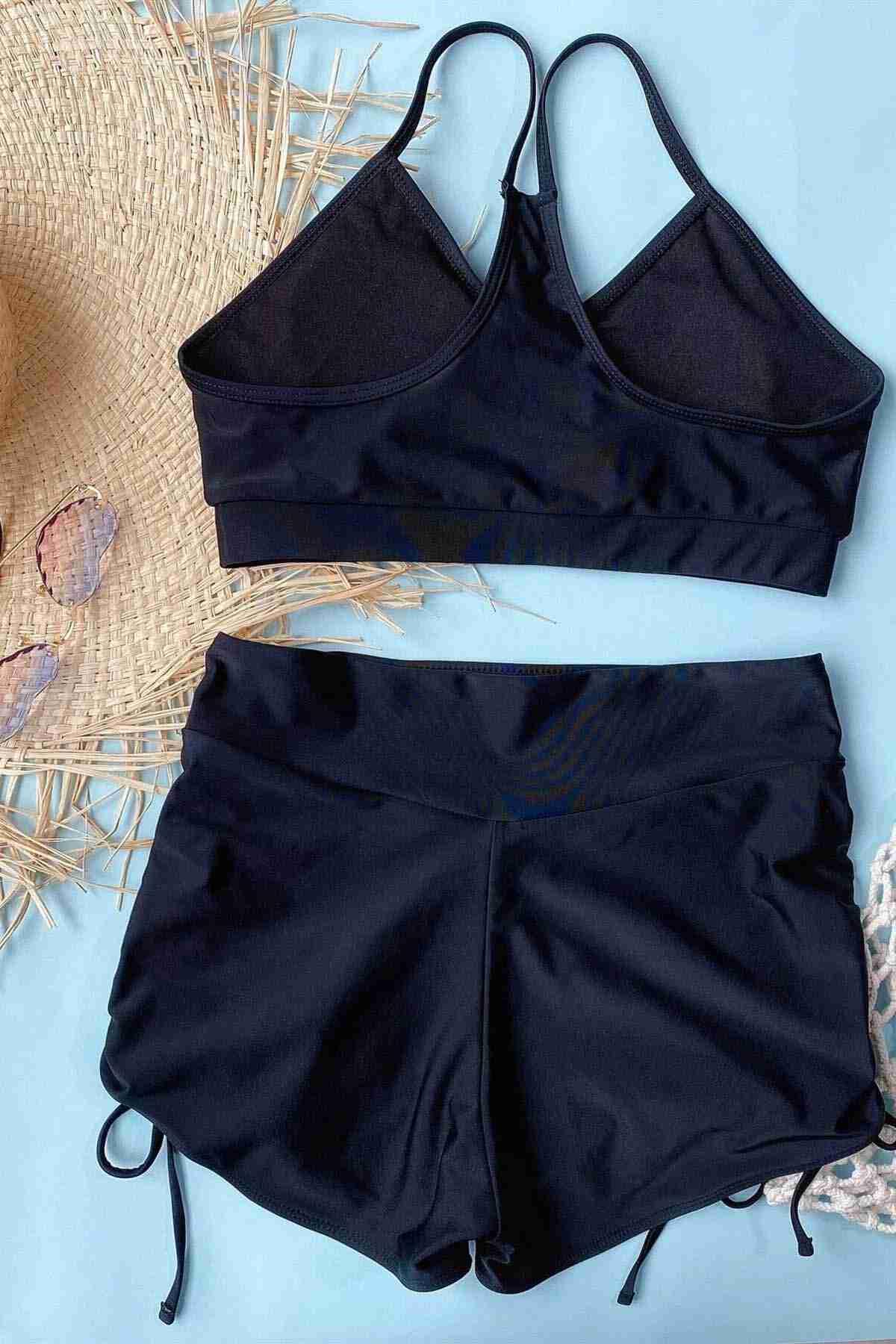 Aria’s%20Closet%20Yanlardan%20Ayarlı%20Büzgülü%20Deniz%20Şortlu%20Tankini%20Bikini%20Takım%20Siyah