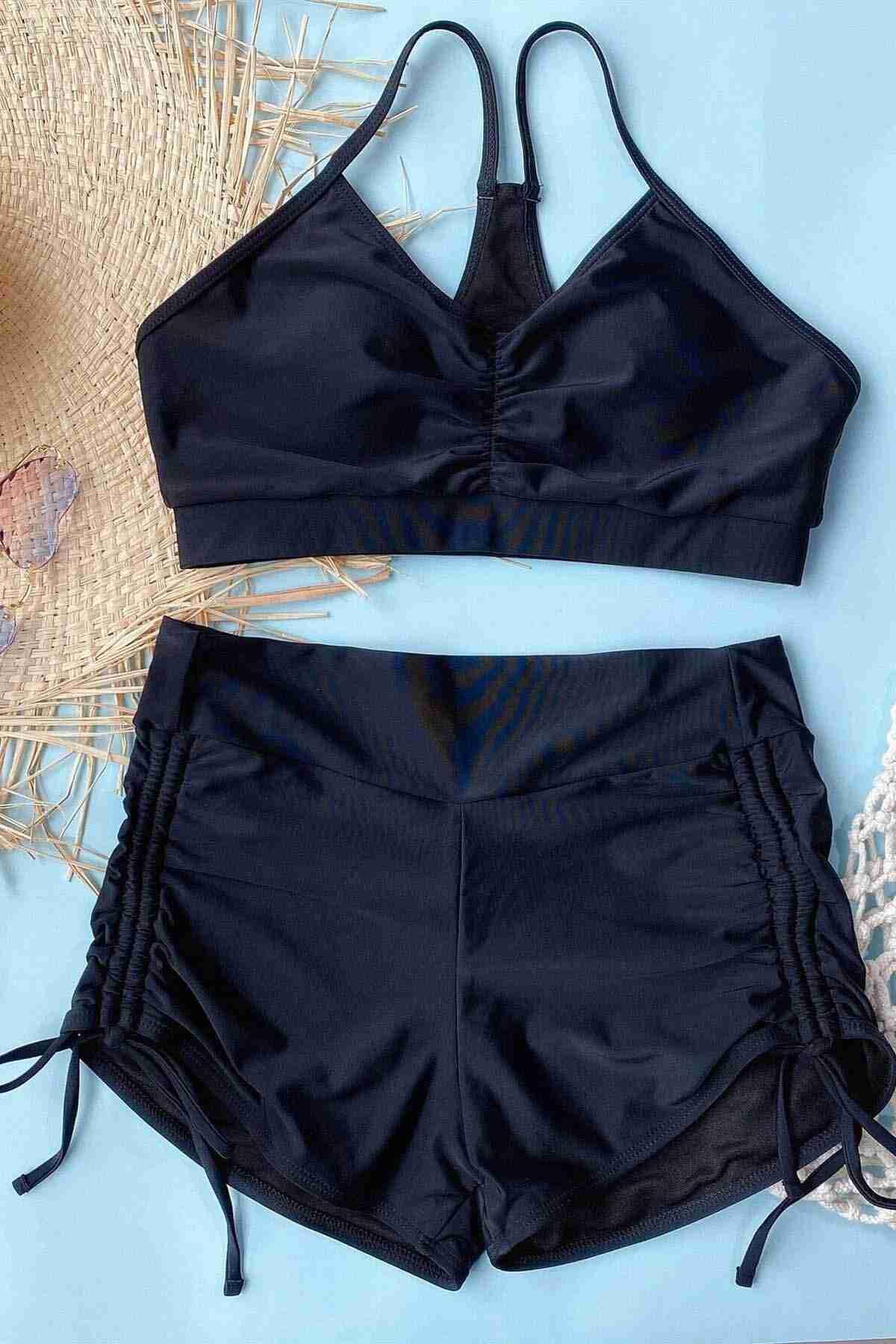 Aria’s%20Closet%20Yanlardan%20Ayarlı%20Büzgülü%20Deniz%20Şortlu%20Tankini%20Bikini%20Takım%20Siyah