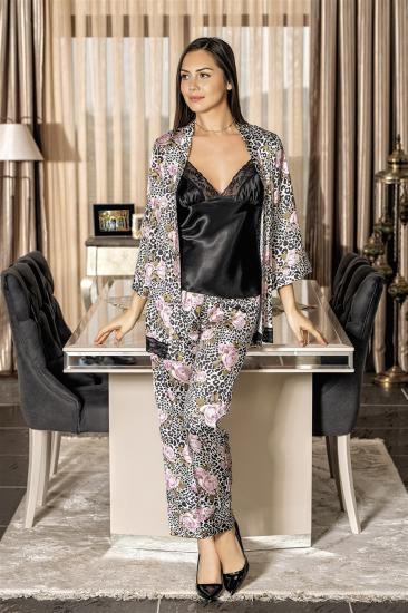 Aria’s Closet Desenli Üçlü Saten Sabahlık Gecelik Pijama Takımı