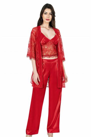 Aria’s Closet Kırmızı Üçlü Büstiyerli Saten Gecelik Pijama Takımı 7641