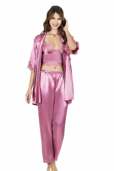 Aria’s Closet Gül Kurusu Üçlü Büstiyerli Saten Gecelik Pijama Takımı 7644