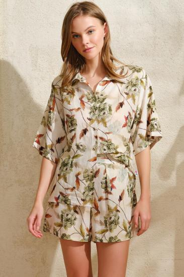Aria’s Closet Kısa Yarım Kol V Yaka Kadın Viskon Çiçek Desenli Yazlık Kısa Düğmeli Pijama Takımı