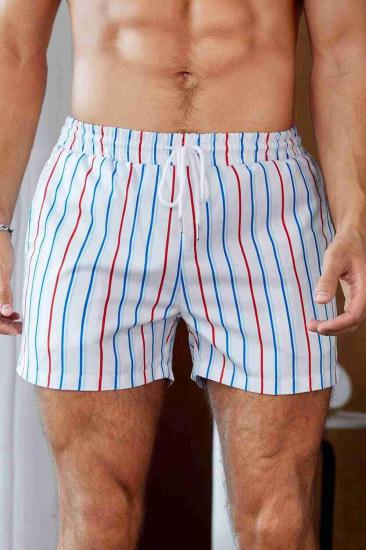Aria’s Closet Erkek Basic Standart Boy Renkli Çizgili Baskılı Mayo Cepli Deniz Şortu Beyaz