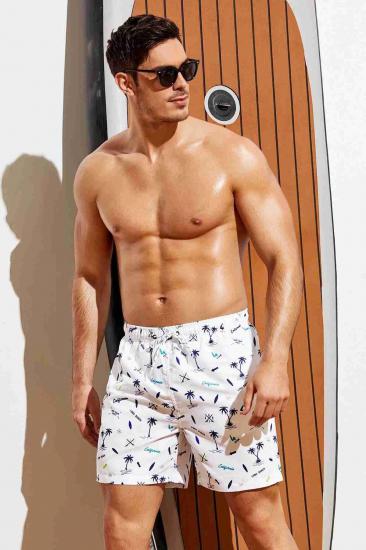 Aria’s Closet Erkek Basic Standart Boy Palmiye Baskılı Mayo Cepli Deniz Şortu Beyaz