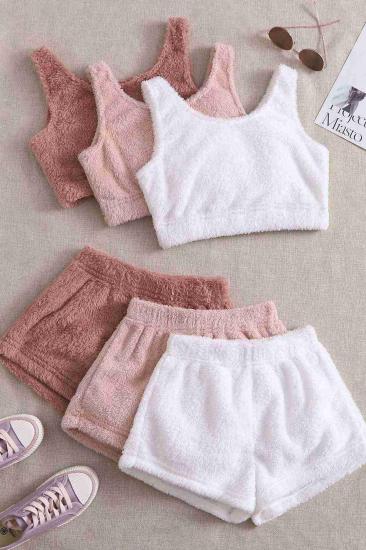 Aria’s Closet 3 Lü Set Kolsuz Askılı Peluş Polar Alt Üst Şortlu Pijama Takımı Çok Renkli