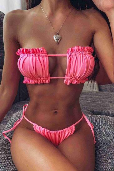 Aria’s Closet Brezilya Model Büzgülü Bağlamalı Bikini Takım Pembe