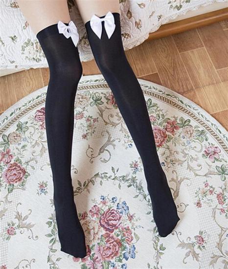 Aria’s Closet Fantezi Diz Üstü Beyaz Fiyonk Düz Siyah Jartiyer Çorap