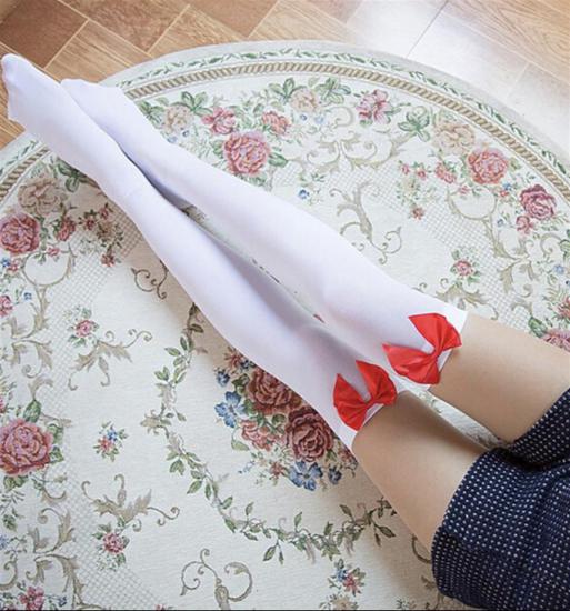 Aria’s Closet Fantezi Diz Üstü Kırmızı Fiyonk Düz Beyaz Jartiyer Çorap